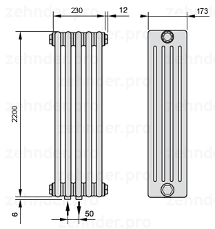 Схема (чертеж) Радиатор Zehnder Charleston 5220/5 №3470 Белый глянцевый RAL 9016